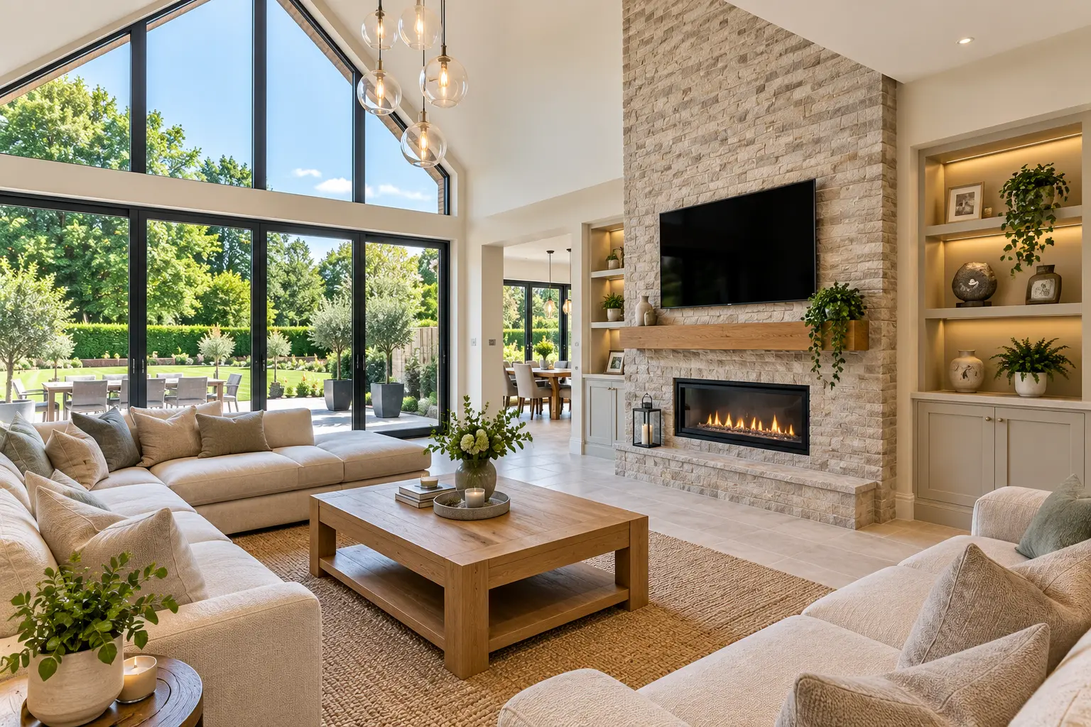 Bright living room with vaulted glazing, stone fireplace and built-in illuminated shelving