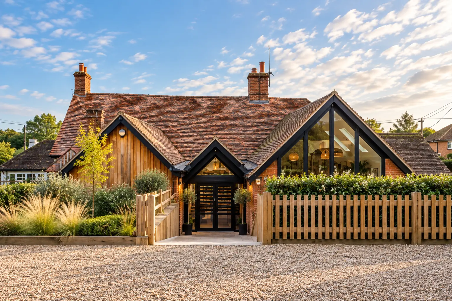 Completed hospitality refurbishment with a dramatic glazed gable, timber cladding and landscaped entrance