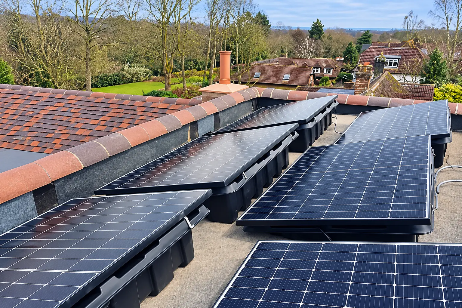Solar panel array installed on a flat roof beside a tiled pitched roof