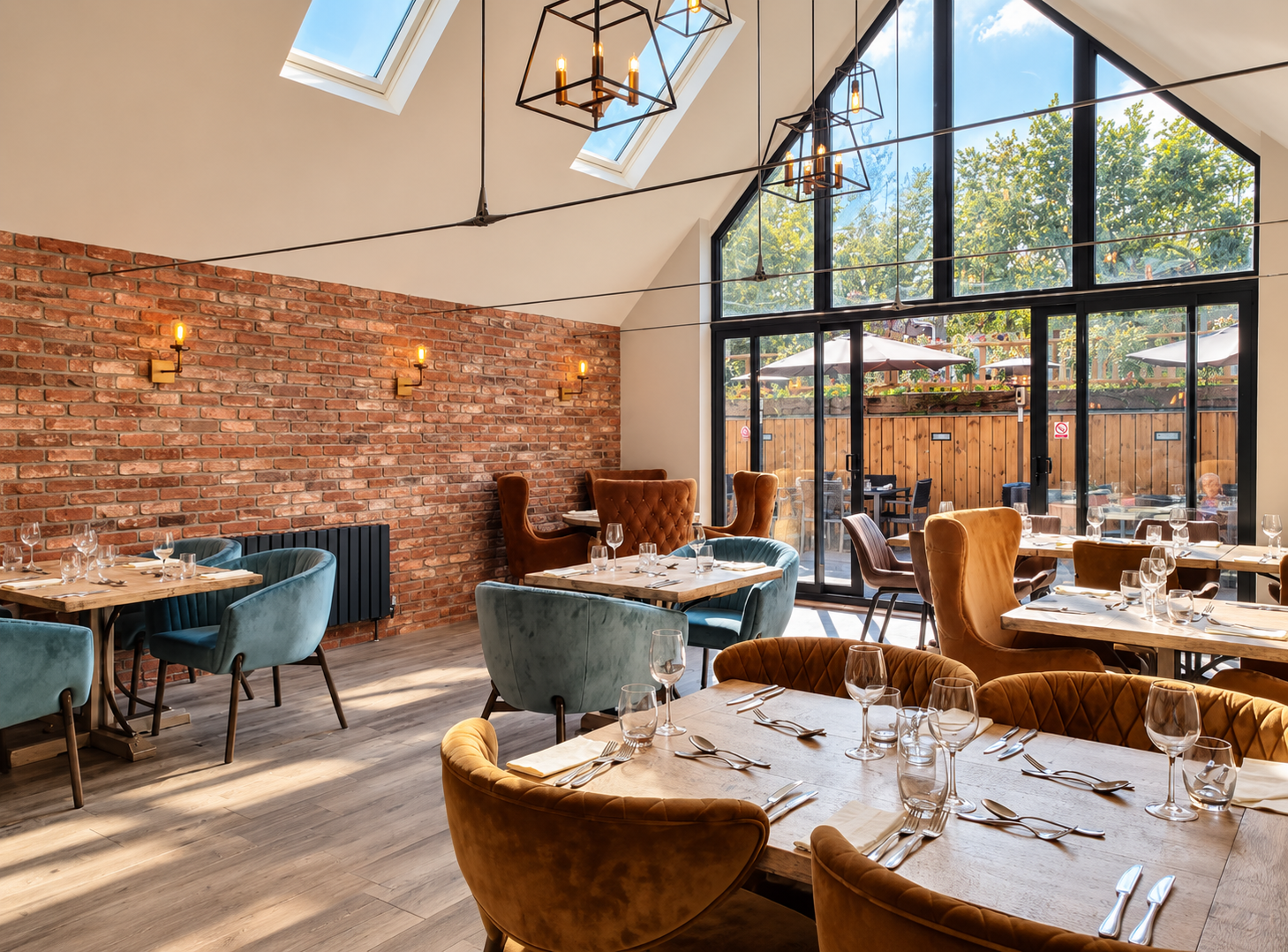 Completed restaurant dining room with exposed brickwork, rooflights and full-height glazed gable