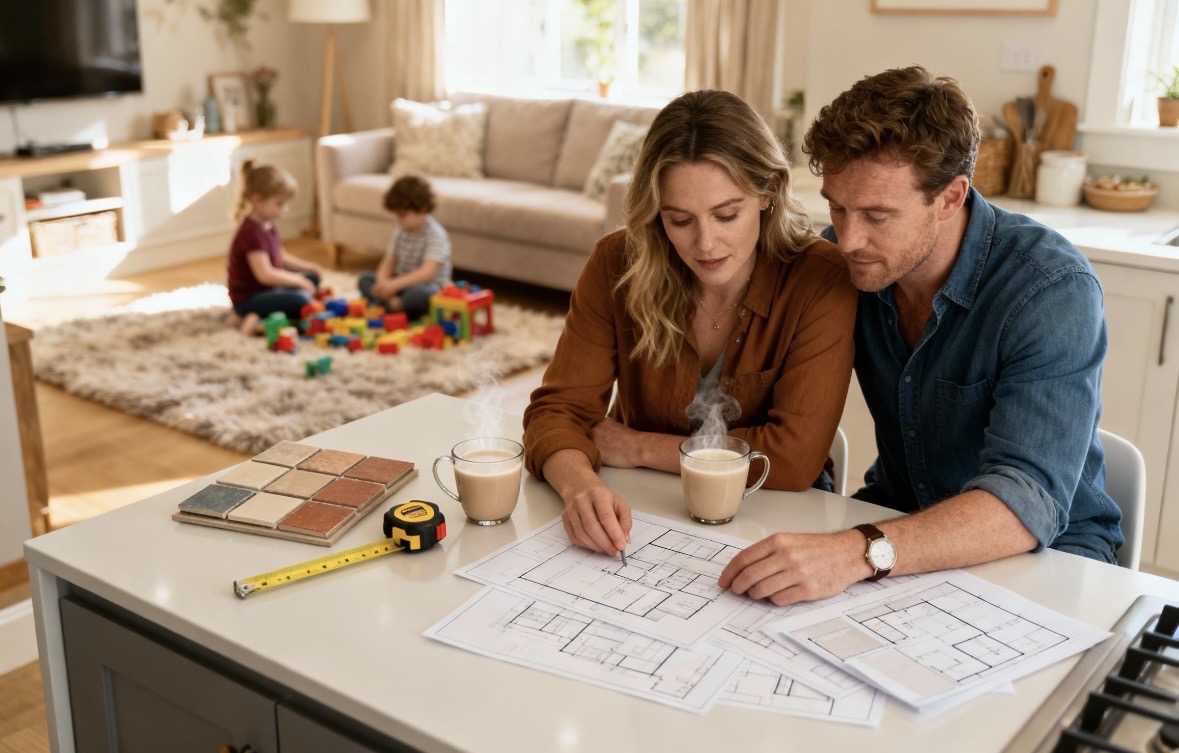 A couple reviewing architectural floor plans together at their kitchen island while their children play in the living area behind them