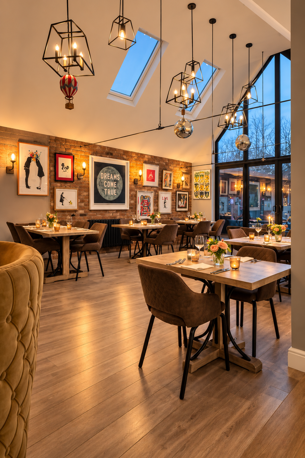 Finished restaurant interior with vaulted ceiling, exposed brickwork and pendant lighting