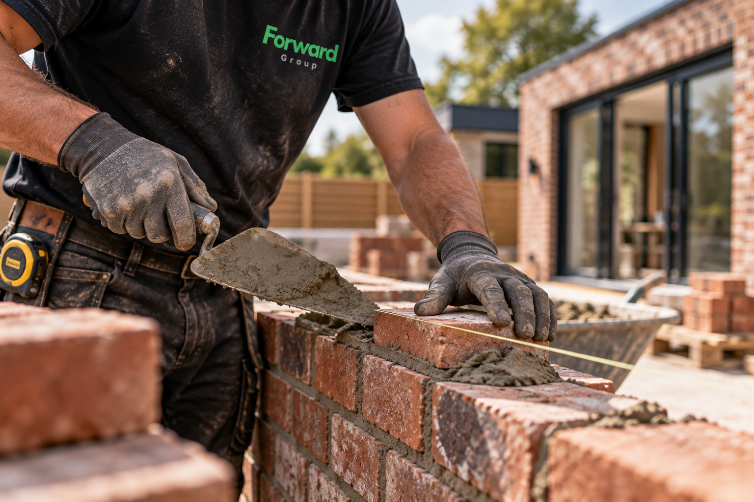 Forward Group bricklayer laying a course of red brick with a trowel beside a completed brick extension