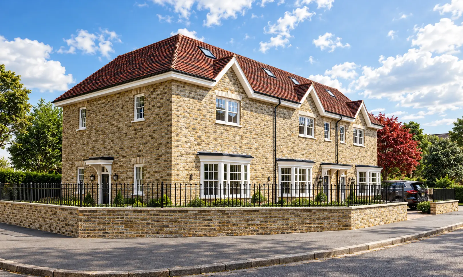 Pale brick homes with gables, white timber windows and black railings on a brick boundary wall
