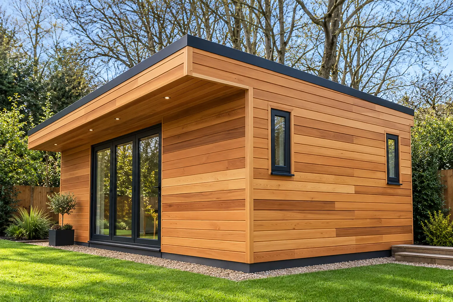 Cedar-clad garden room with flat roof and dark-framed glazed doors