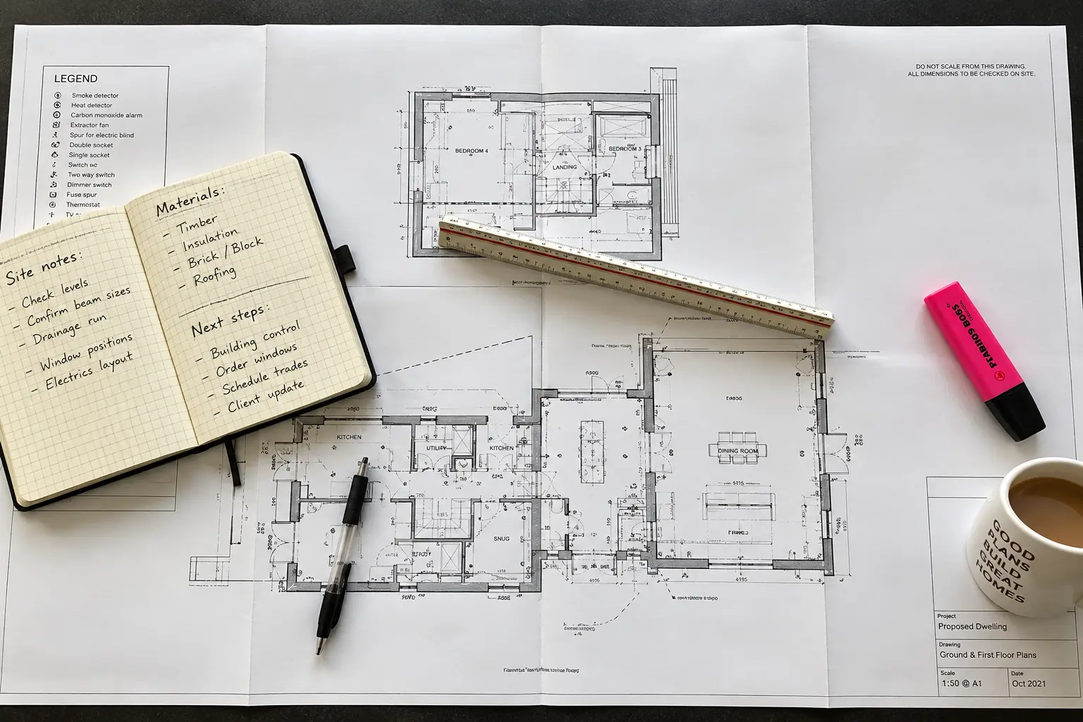 Architectural floor plans with site notes, a scale rule and materials list