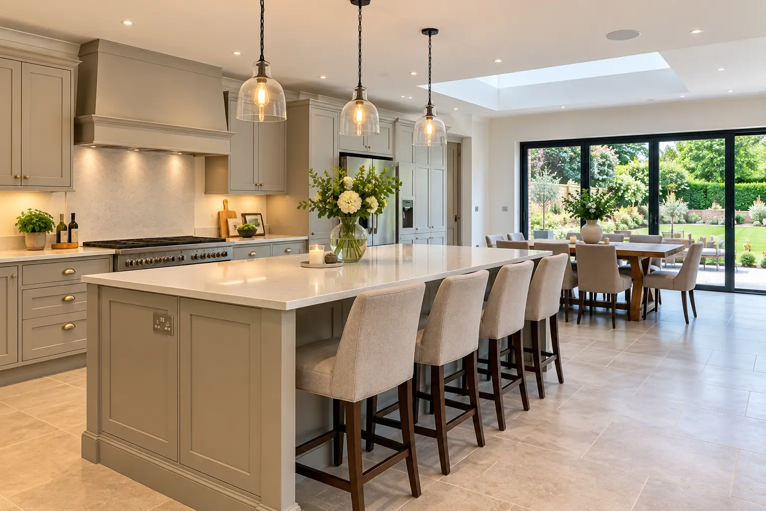 Completed open-plan kitchen with island, pendant lighting and dining area