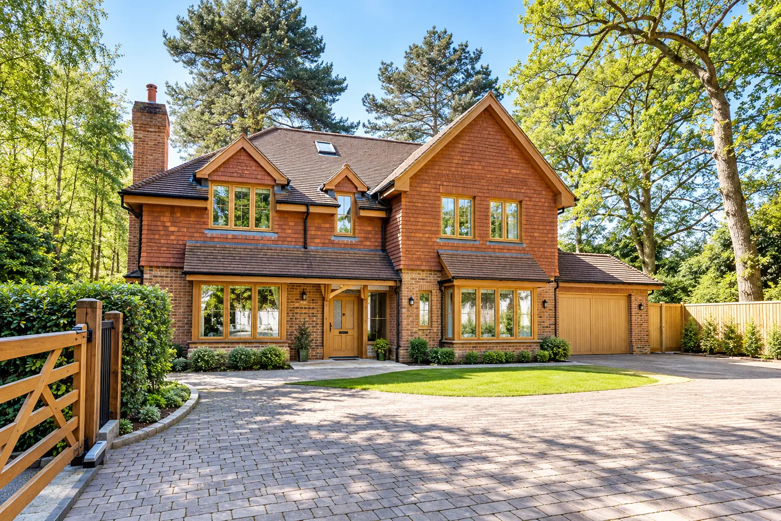 Brick and cedar shingle family home in a wooded setting with cobbled driveway