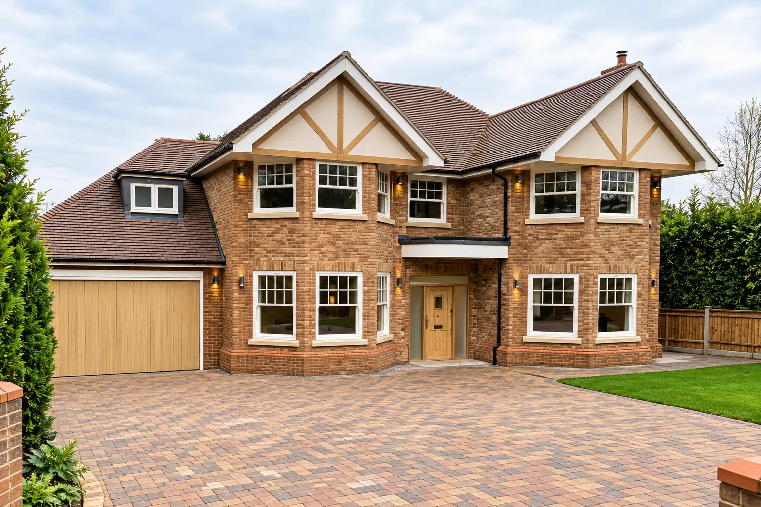 Newly completed brick detached family home with tiled roof, timber gables and block-paved driveway