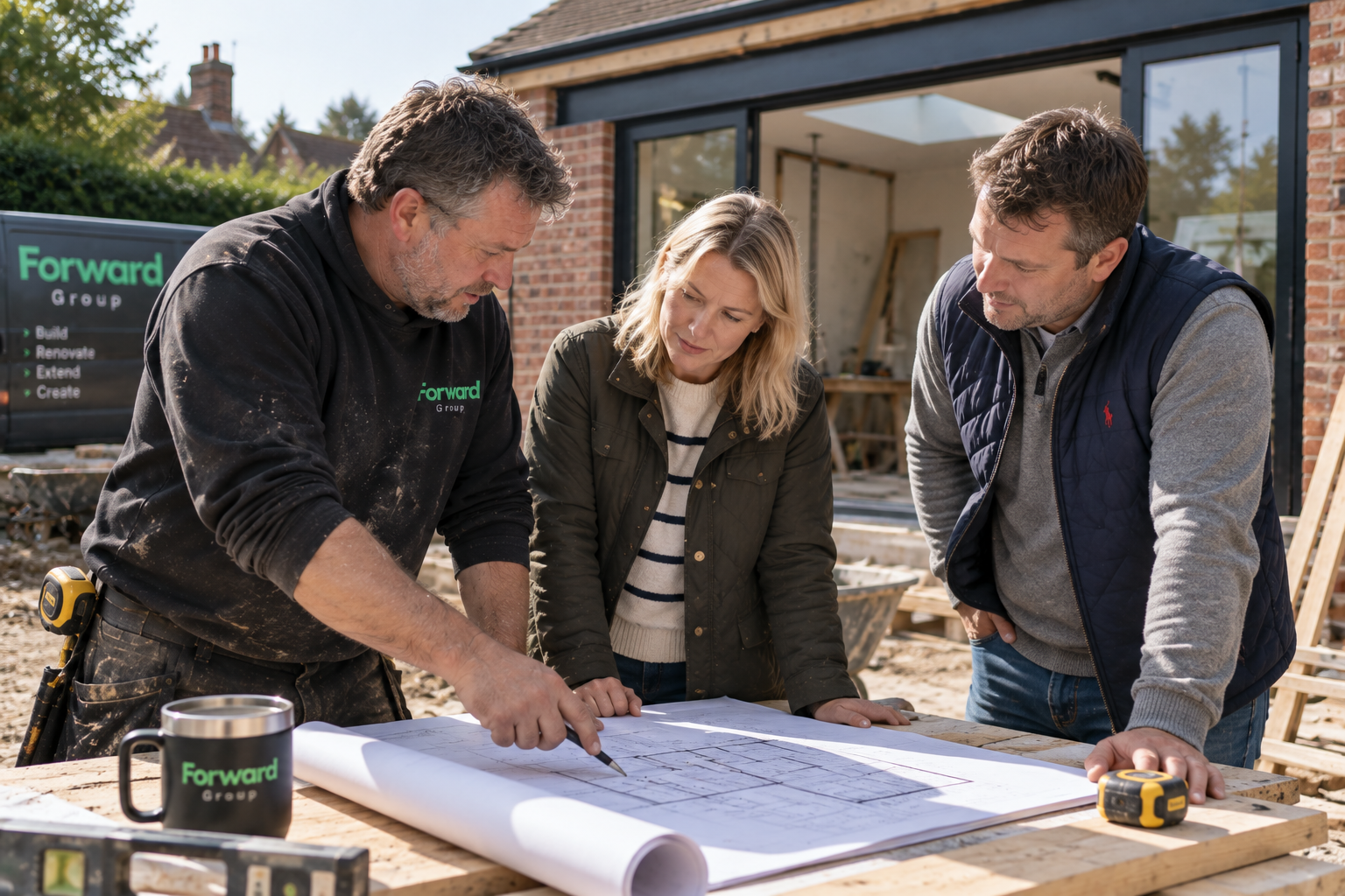 Three members of the Forward team reviewing architectural plans at a timber table on site