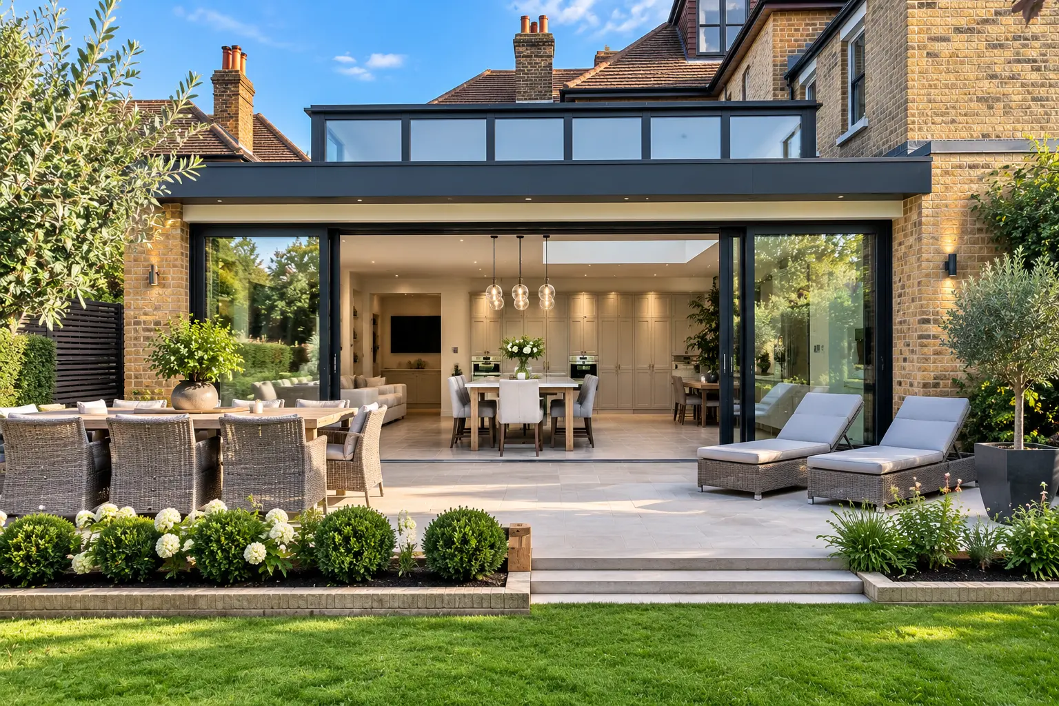 Contemporary flat-roof brick rear extension with dark-framed sliding glazing opening to a paved terrace and lawn